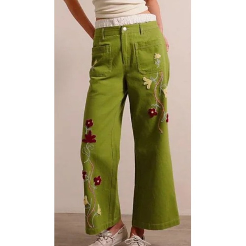 Free People Green Embroidered Wide Leg Jeans